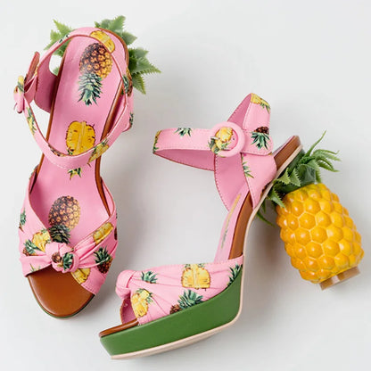 Summer Pink Pineapple Print Open-toe Platform Sandals Sweet Women High-heel Buckle Strappy Women Shoes Lovely Sandalias Mujer