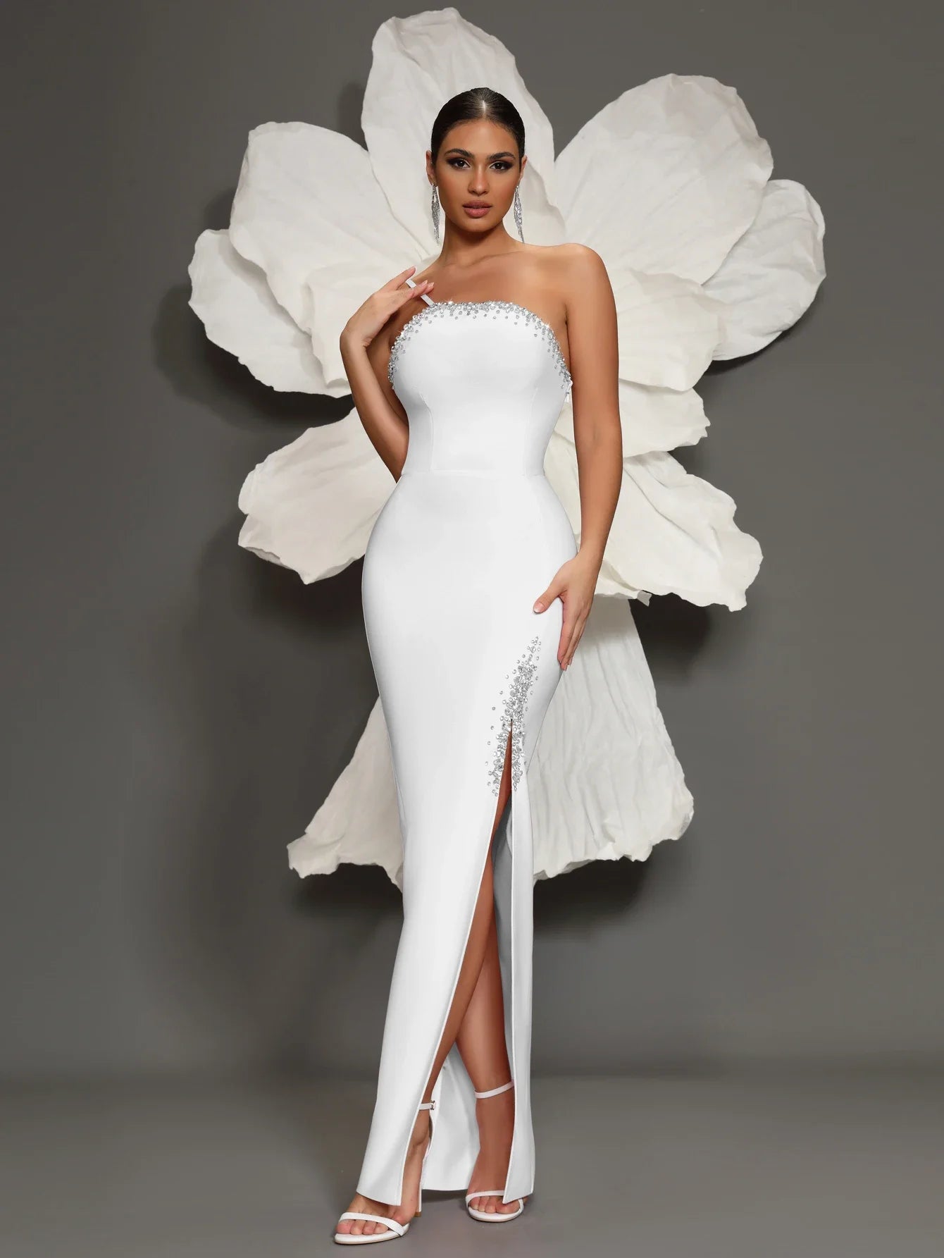 White Bandage Dress Luxury 2025 High Quality Bandage Dress Off-shoulder Hip-hugging Hem Slit Evening Dress Formal Prom Dress