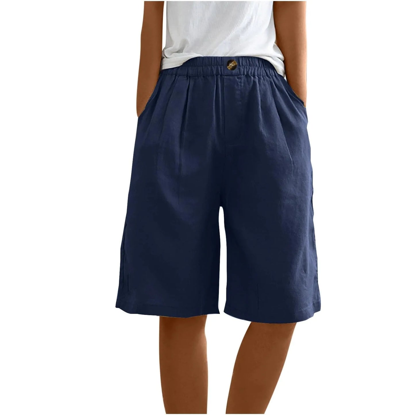 Women's Fashion Solid Color Pants Pocket Button Up Capris Loose Elastic Waist Cotton Linen Shorts