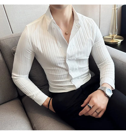 British Style Men Double Breasted Shirt 2023 Autumn New Long Sleeved Striped Slim Fit Shirts Formal Business Social Party Tuxedo