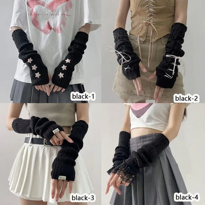 Fingerless Long Wrist Gloves Arm Warmers False Sleeves Knitted Gloves Finger Sleeves Cover Black White Half Finger Gloves