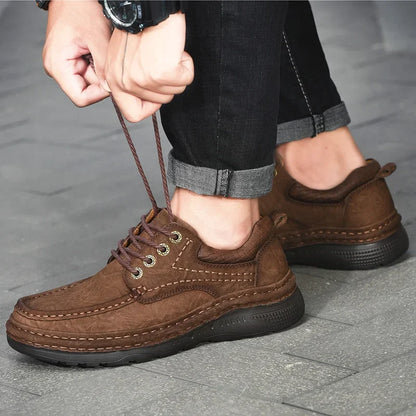 Handmade Genuine Leather Shoes Autumn Winter Vintage Style Casual Men Shoes Lace-Up Ankle Hiking Shoes