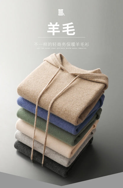 MVLYFLRT Autumn Winter New Merino Sweater Men's 100% Wool Hooded Collar Knitted Pullover Casual long Sleeved Hoodie