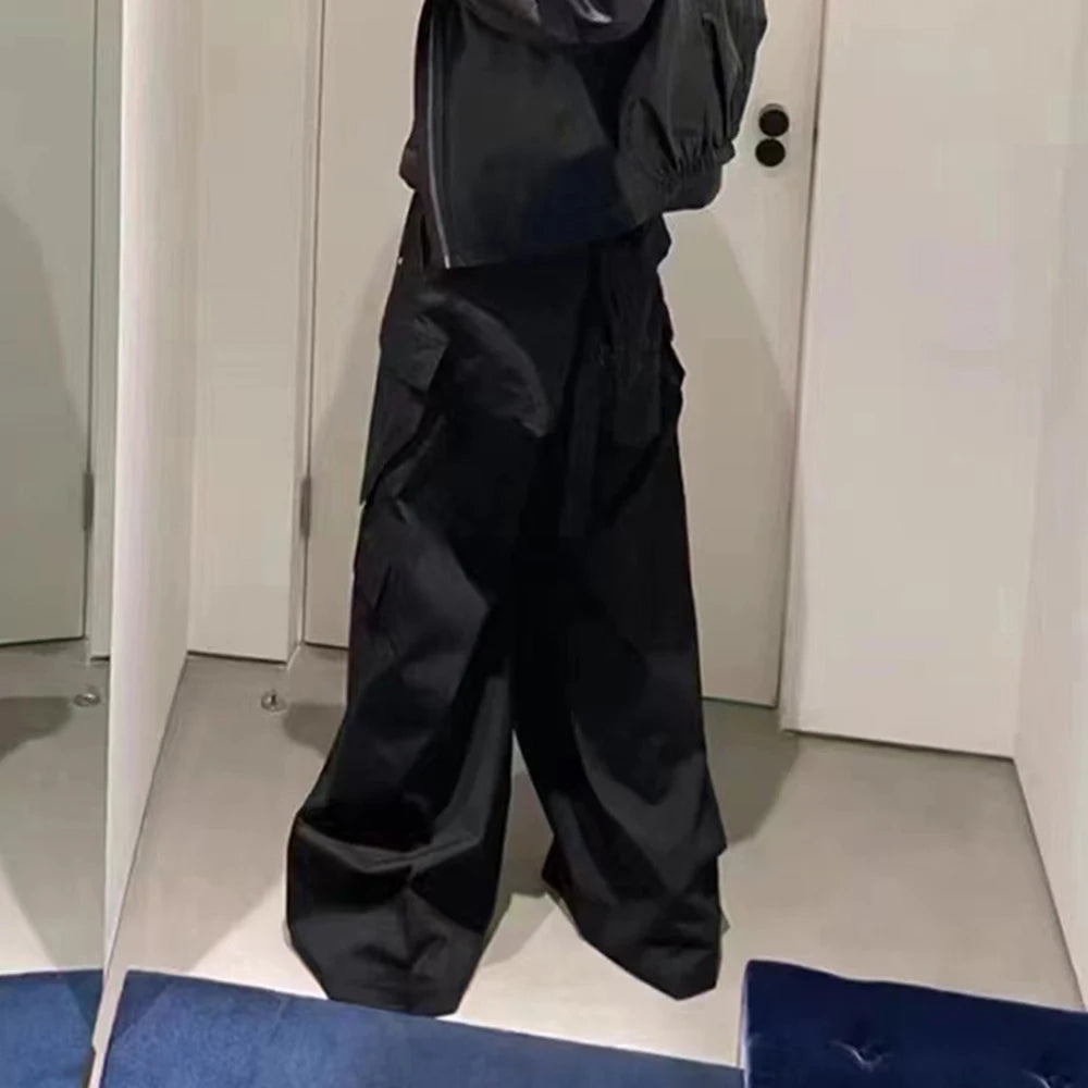 Ro Style Wide Leg Drawstring Black Cargo Pants Unisex Straight Baggy Casual Overalls Men's Streetwear Loose Oversized Trousers