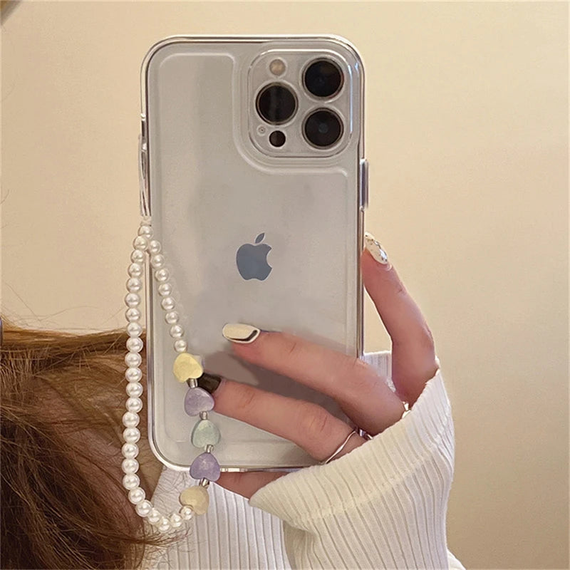 Korea Cute Pearl Heart Bracelet Transparent Phone Case For iPhone 15 14 13 12 11 Pro Max X XR 7 8 Plus SE3 Shockproof Soft Cover