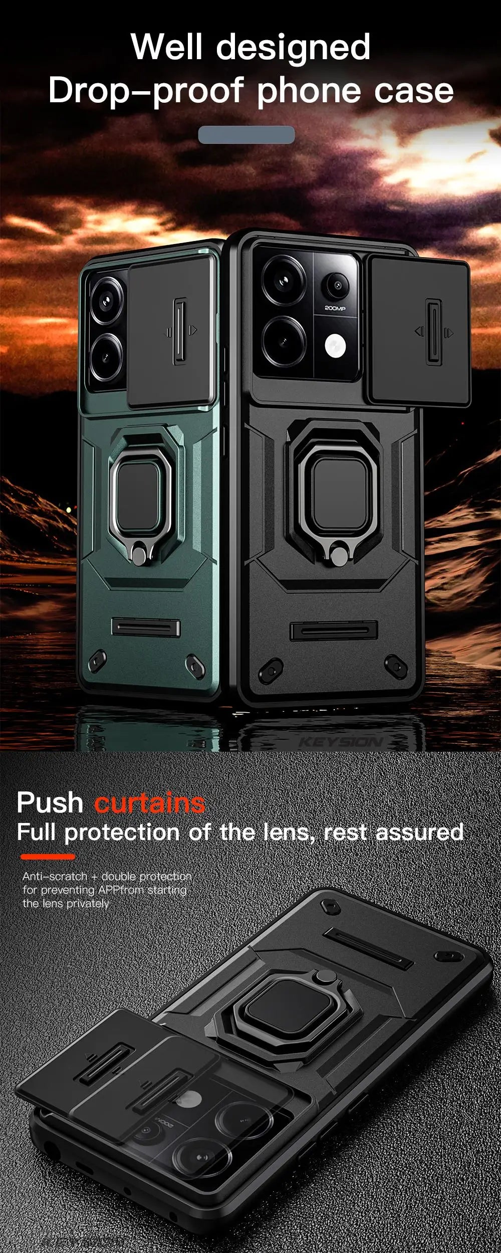 KEYSION Shockproof Case for Redmi Note 13 Pro 5G Slide Camera Lens Protection Ring Stand Phone Cover for Xiaomi Redmi Note 13 5G