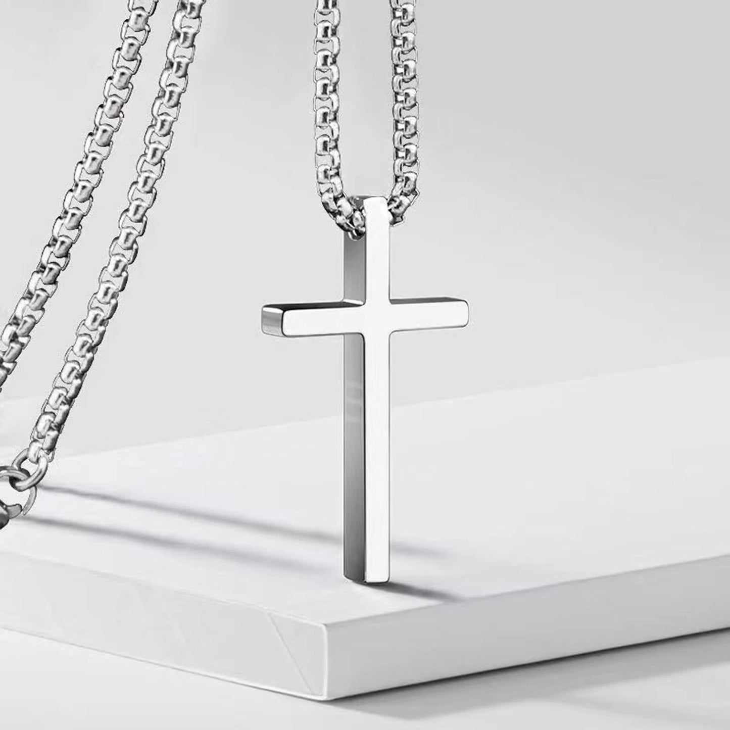 Vnox Cross Necklace for Men Women, Silver Color Plain Cross Pendant Collar with Stainless Steel Box Chain