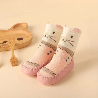 Spring and Autumn Cartoon Baby Shoes and Socks, Infant Walking Shoes and Socks, Non Slip Sole, Children's Floor Socks