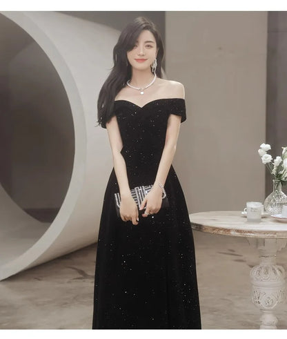 2024 New Arrival Starry Sky Velvet off-Shoulder Black Host Evening Dress Dress Banquet Temperament Winter Long