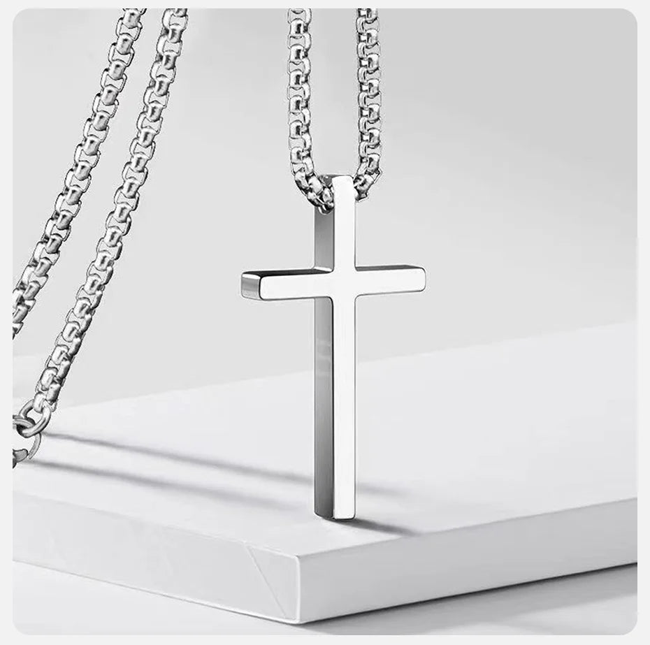 Vnox Cross Necklace for Men Women, Silver Color Plain Cross Pendant Collar with Stainless Steel Box Chain