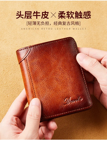 Dante Leather Men's Wallets RFID Anti-theft Brush Degaus Head Layer Cowhide Retro Casual Vertical Money Bag Money Two fold Clips