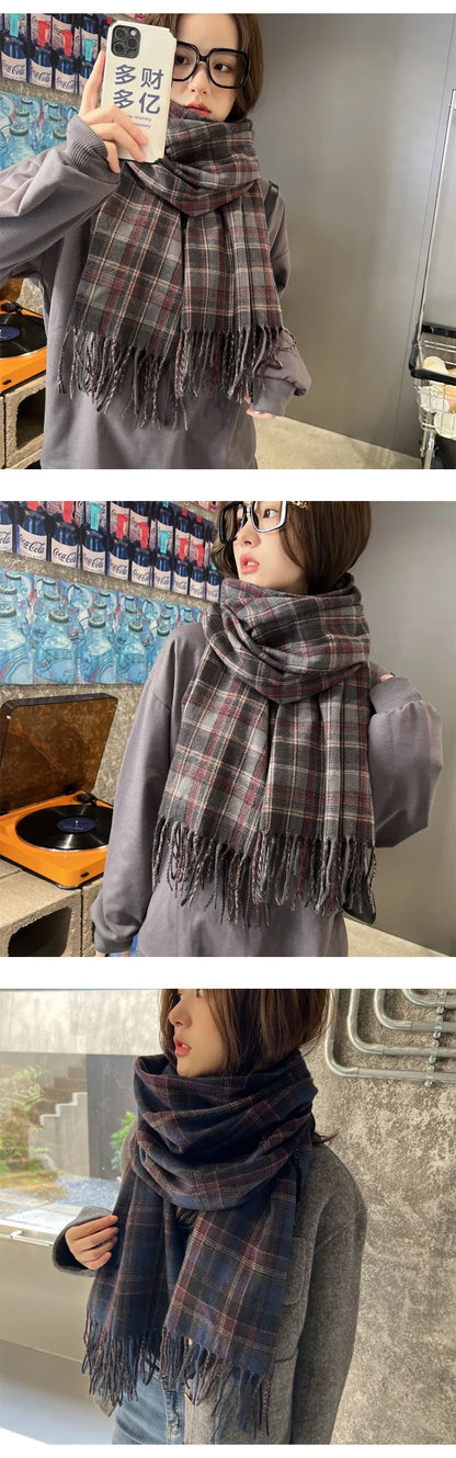 New 2023 Imitation Cashmere Women Scarf Winter Preppy Style Vintage Plaid Scarve Pashmina Mujer Foulard Blanket Wrap Shawl Pareo