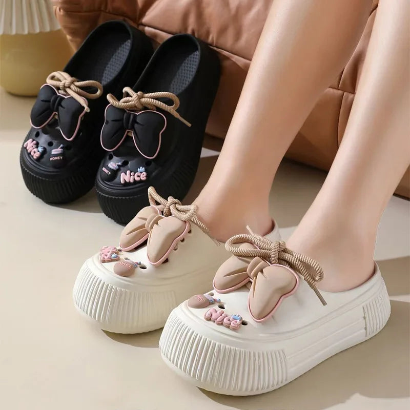 Summer Women's Hole Shoes Cute Bow Thick Sole Anti Slip Resistant Women's Baotou Slippers for Home Outdoor Garden Shoes