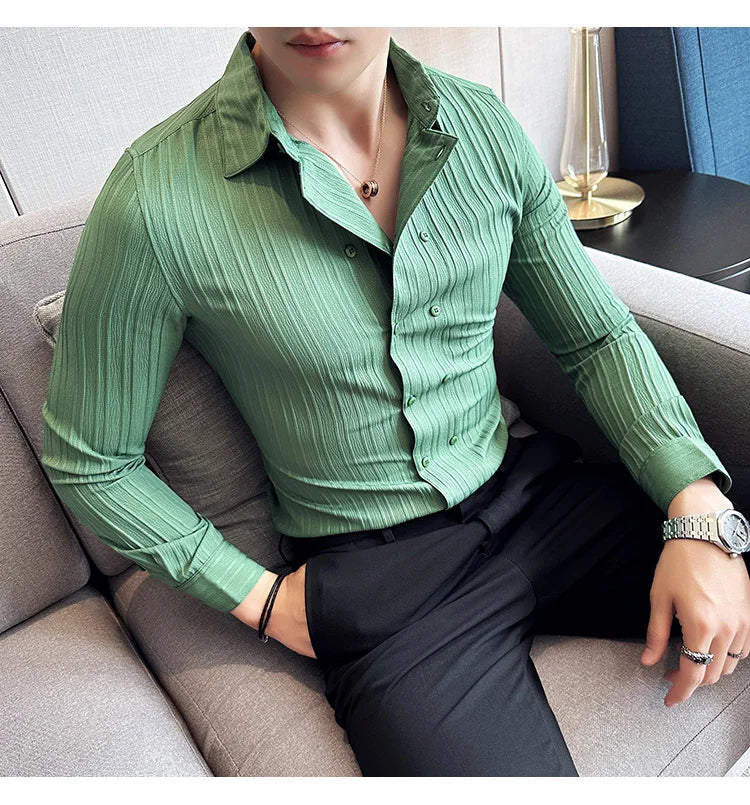 British Style Men Double Breasted Shirt 2023 Autumn New Long Sleeved Striped Slim Fit Shirts Formal Business Social Party Tuxedo