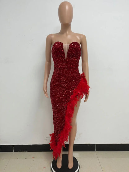 Women Evening Dresses Asymmetrical Shiny Sequins Feather Cocktail Party Dress Sexy Strapless Long Formal Prom Dresses Xiny189