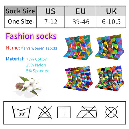 5 Pairs Men Cotton Fashion Color Pattern Happy Unisex Novelty Fun Dress Women Socks