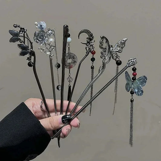 New Chinese Style Butterfly Flower Tassel Hair Stick for Women Vintage Metal Hanfu Chopstick Hair Sticks Hair Accessories