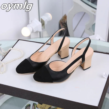 Women Slingbacks Shoes High Heels Thick High Heel Shoes Cow Leather Mixed Colors Pumps Ladies High Heel Elegant Sandals Female