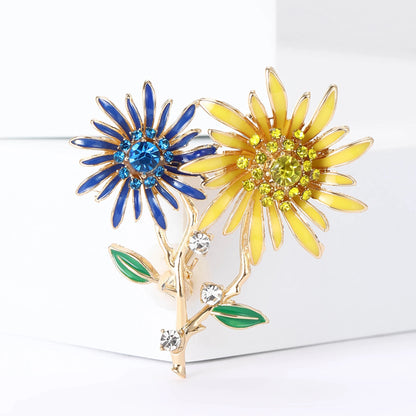 Shiny Double Head Sunflower Brooches for Women Unisex Ukrainian Plant Pins 2-color Available Casual Party Accessories Gifts