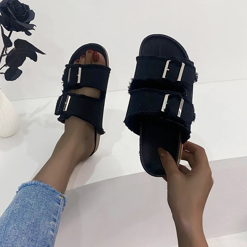 Women's Slippers Flat Bottom Slipper 2023 Summer New Line Slippers Large 43 Denim Leather Buckle Outside Sandals Sandalias