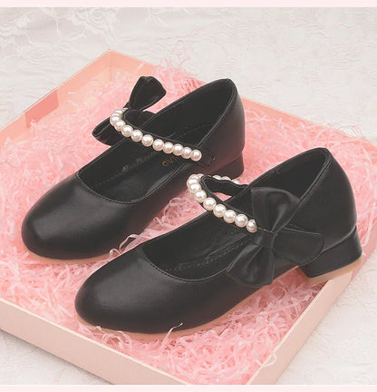 White Bow Spring and Autumn Girls High Heel Princess Shoes Pearl Tide Pumps