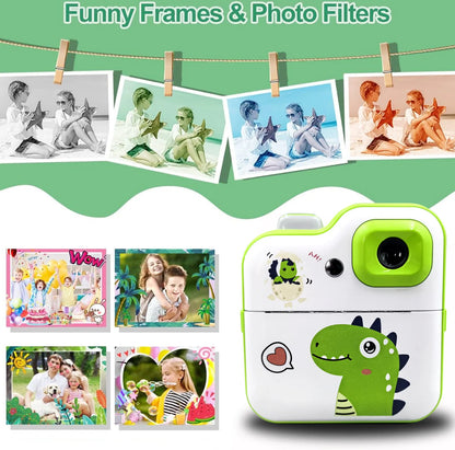 Cartoon Dinosaur Camera Toy Children Digital Camera Instant Thermal Print Camera Photo Printing Camera Video Toy+32G Memory Card