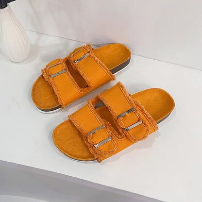 Women's Slippers Flat Bottom Slipper 2023 Summer New Line Slippers Large 43 Denim Leather Buckle Outside Sandals Sandalias