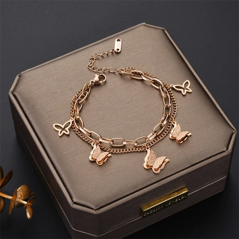 Kuziduocai Statement 316L Stainless Steel New Fashion Jewelry Elegant Style Many Butterflys Charm Thick Chain Bracelet For Women