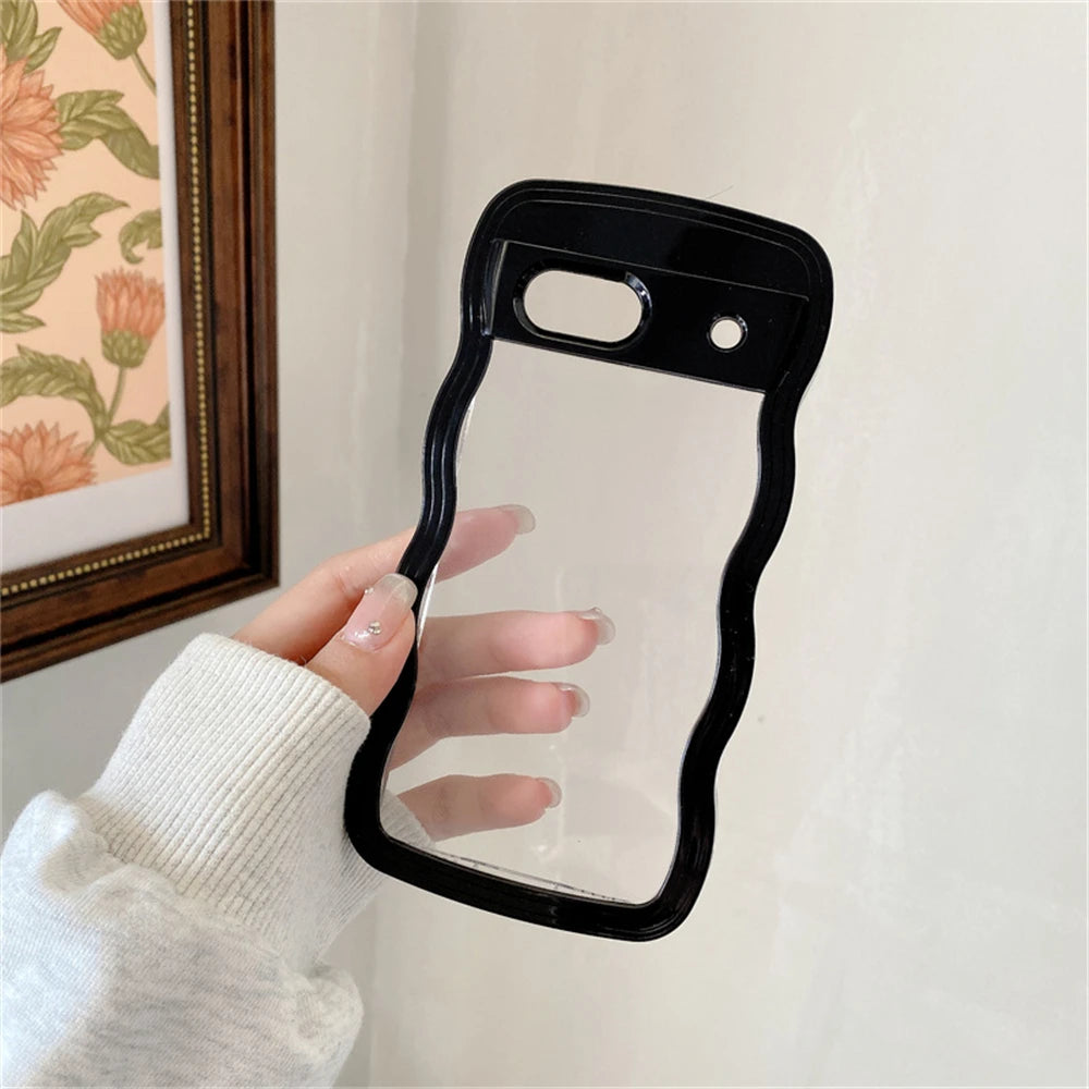 2IN1 Cute Curly Wavy Transparent Phone Case For Google Pixel 8A Korean Candy Color Shockproof Hard Cover For Google Pixel 7A