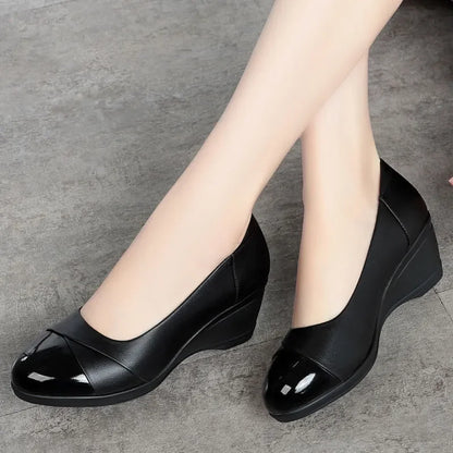 Women Fashion Light Weight Wedge Heel Comfort Spring & Autumn Shoes Lady Casual Sweet Home & Outside Black Leather Pumps E1419