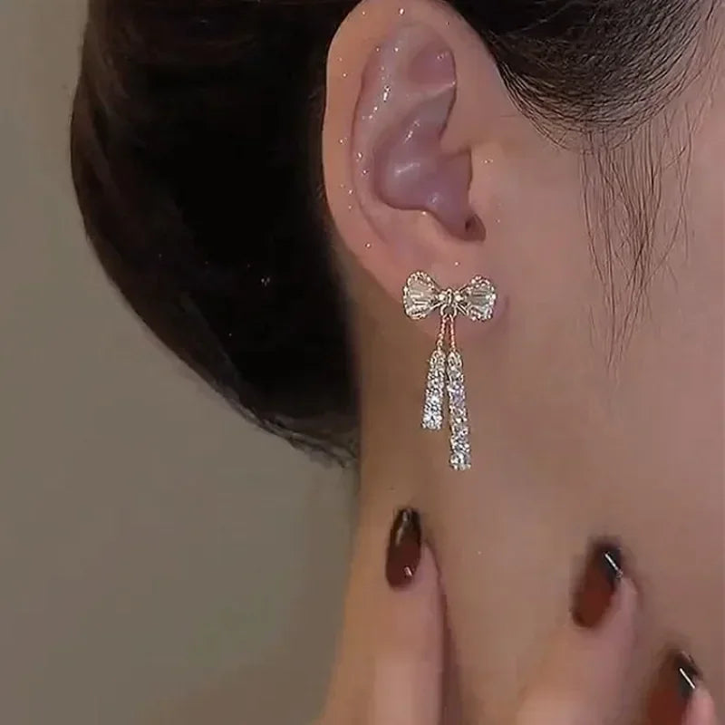 Korean Trendy Bow Crystal Drop Earrings for Women 2024 Luxury Sparkling Cubic Zirconia Long Tassel Earrings High Jewelry Gifts