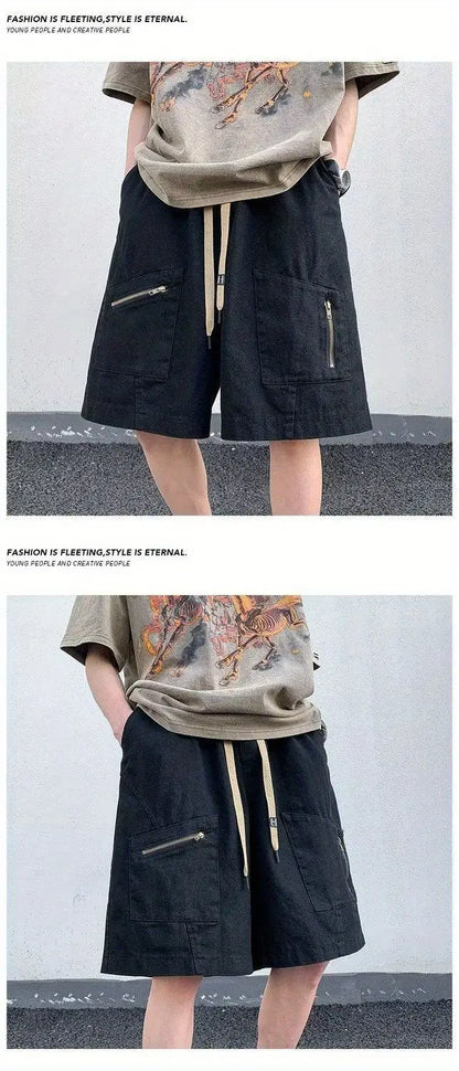 Korean style multi pocket cargo shorts men summer y2k trendy loose and versatile mid pants retro personality casual sports pants