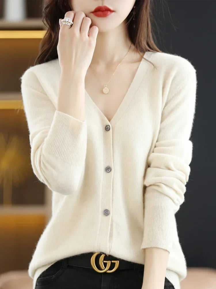 Women's Sweater 2025 Spring Autumn Cardigans V-neck Single Breasted Short Slim Lady Knitwear Tops Solid Korean Fashion Cardigan