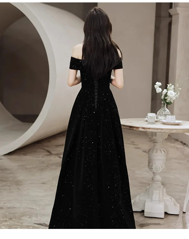 2024 New Arrival Starry Sky Velvet off-Shoulder Black Host Evening Dress Dress Banquet Temperament Winter Long