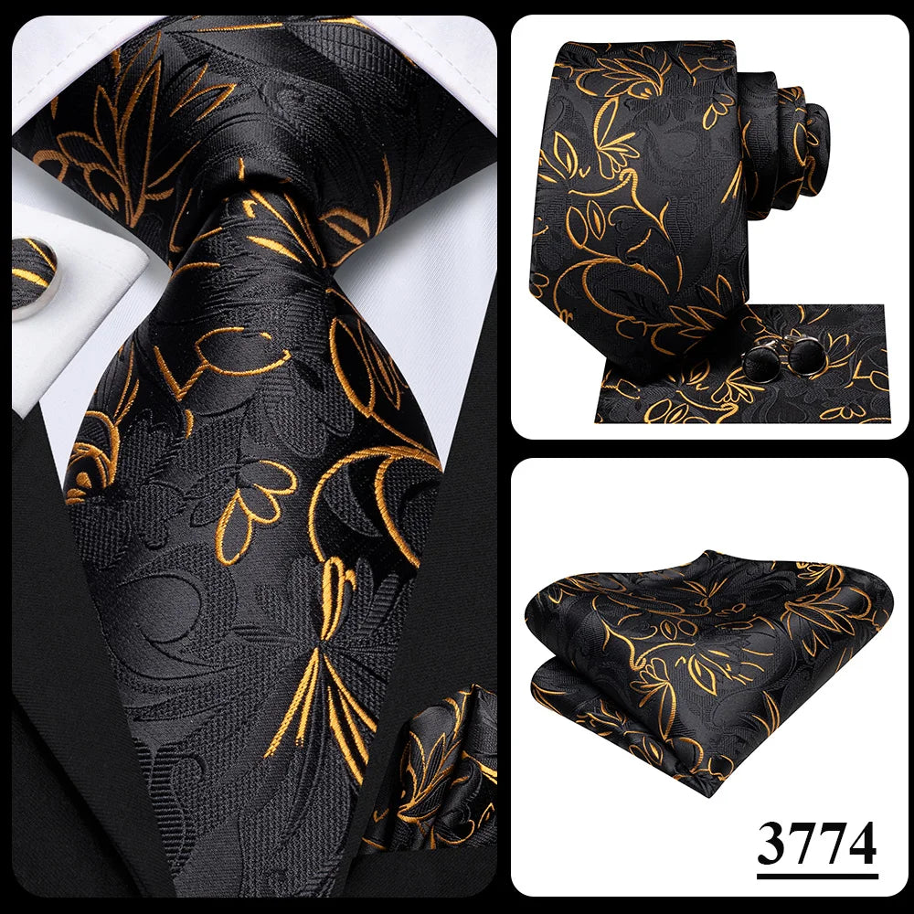 Hi-Tie Black Floral Silk Wedding Tie For Men Handky Cufflink Elegant Necktie For Men Fashion Designer Business Party Dropshiping