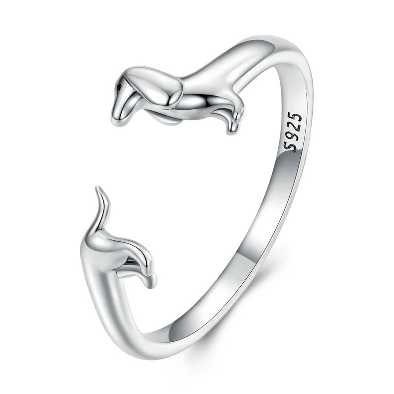 WOSTU Real 925 Sterling Silver Cute Dachshund Dog Adjustable Rings for Women Original Open Animal Ring Fine Family Jewelry Gift