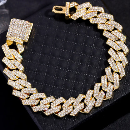 Braccialetti a catena cubana con maglie a griffe ghiacciate da 14 mm per uomo e donna, con strass pieni, braccialetto cubano Miami spesso, punk, hip hop, regalo