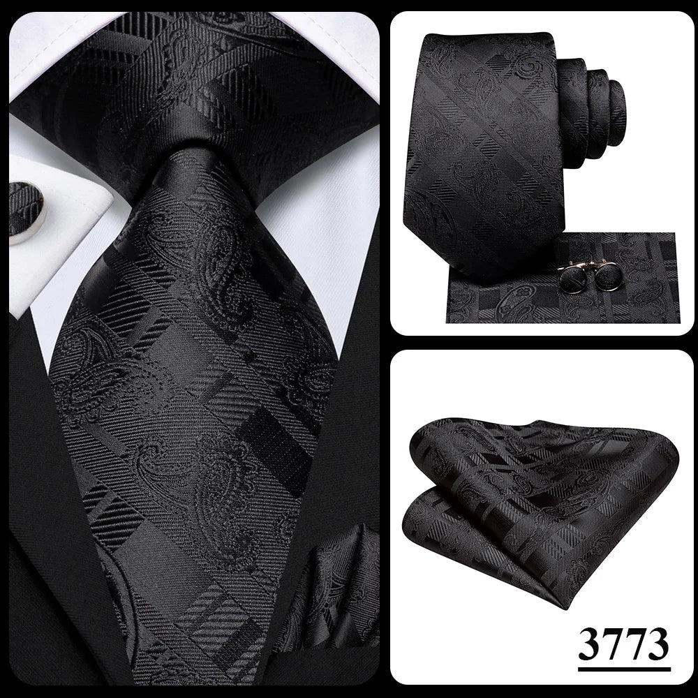 Hi-Tie Black Floral Silk Wedding Tie For Men Handky Cufflink Elegant Necktie For Men Fashion Designer Business Party Dropshiping