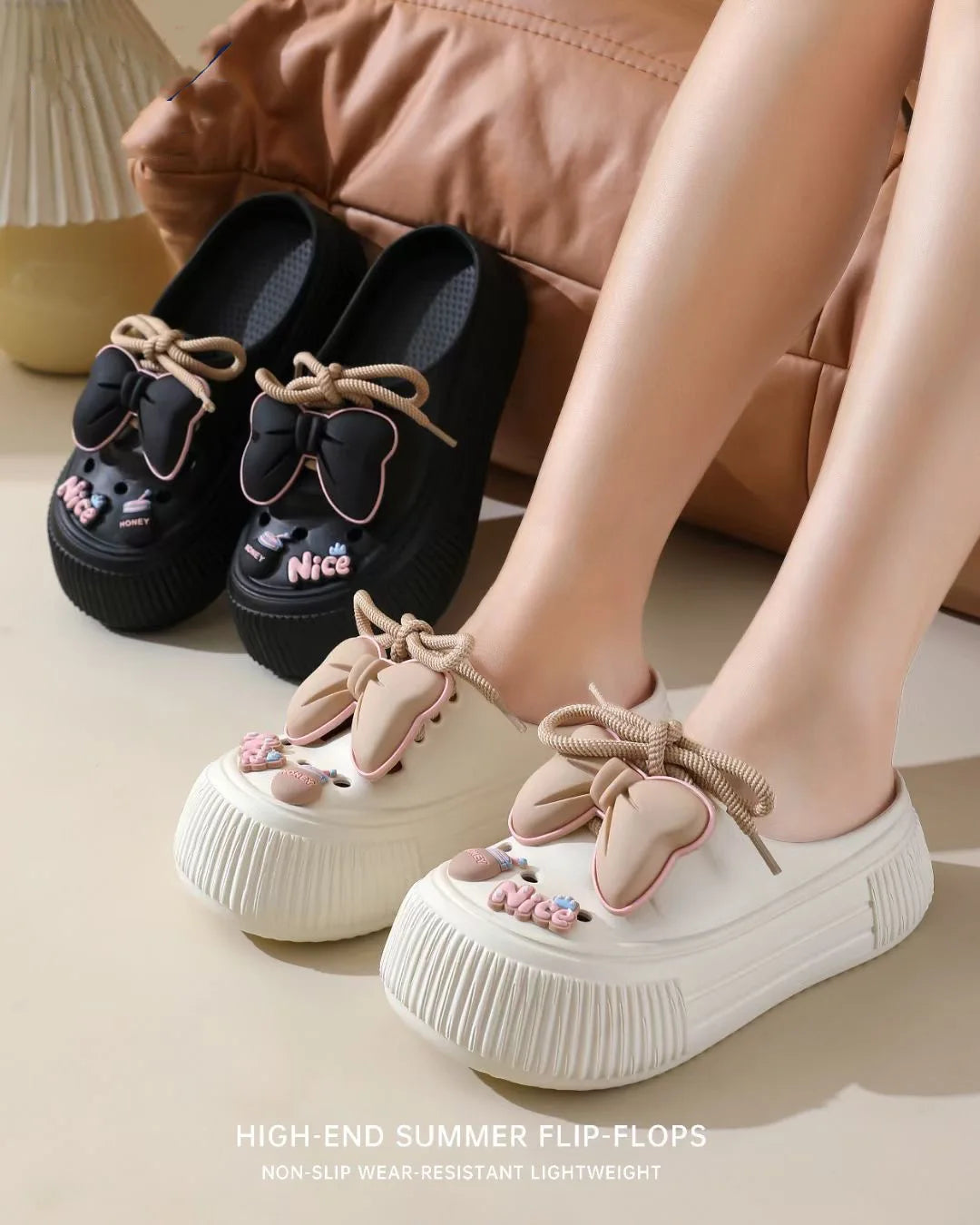 Summer Women's Hole Shoes Cute Bow Thick Sole Anti Slip Resistant Women's Baotou Slippers for Home Outdoor Garden Shoes