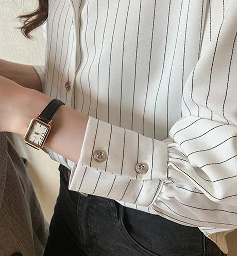 Striped Shirt Women Summer Vintage Chic Loose Long Sleeve Top Y2K Office Ladies Fashion Casual Turn Down Collar All Match Blouse