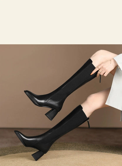 Women Boots Black Fashion High Heels 40-43 Large Pointed Knee Over Women's Boots Platform Shoes Zapatos De Mujer