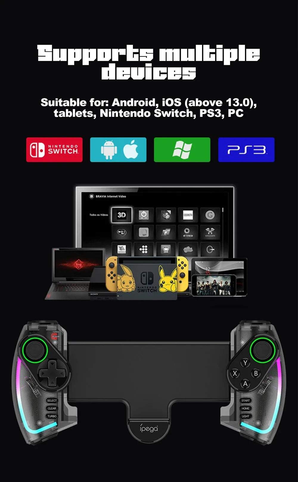 Ipega PG-9777S Bluetooth-Gamepad für Nintendo Switch Android iOS iPad PC mit dehnbarem RGB-Licht-Controller mit linearer Vibration