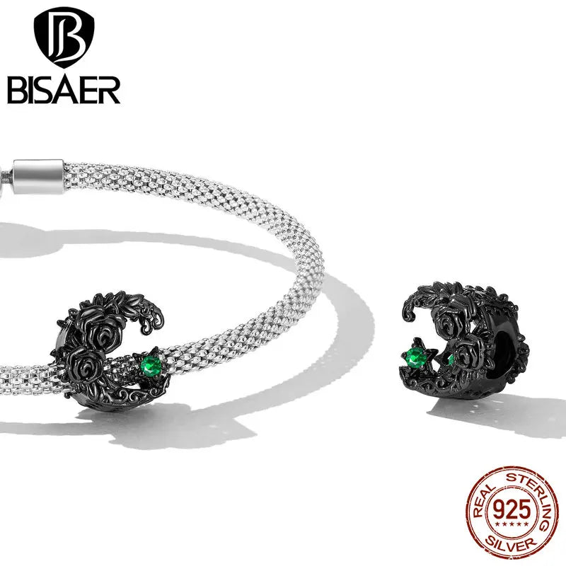 BISAER 925 Sterling Silver Retro Dark Skull Heart Charm Rose Plated Black Gold Beads Fit DIY Bracelet Necklace Fine Jewelry