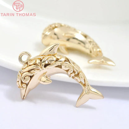 (129) 12x23MM 24K Gold Color Plated Brass Fish Charms Pendants High Quality Jewelry Accessories