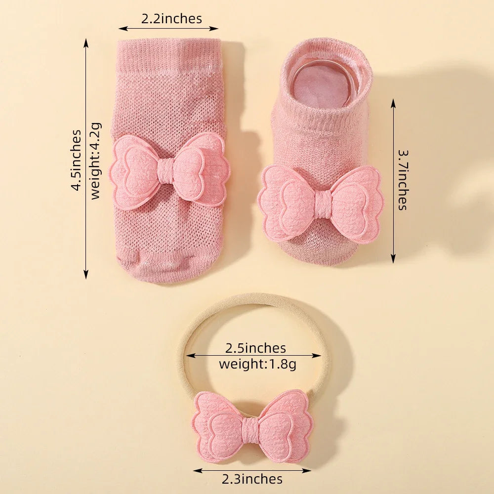 Lovely Baby Bows Socks Set Fresh Candy Color Breathable Short Socks with Sweet Flower Headband Elastic Hairband for Newboen