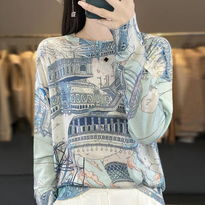 Autumn And Winter New Worsted Wool And Mulberry Silk Printed Round Neck Sweater Fashion Joker Knit Loose Bottoming Shirt Top