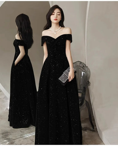 2024 New Arrival Starry Sky Velvet off-Shoulder Black Host Evening Dress Dress Banquet Temperament Winter Long