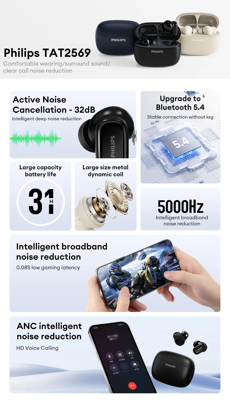 Original Philips TAT2569 Wireless Bluetooth V5.4 Noise Reduction  IPX4 Waterproof Sport Earbuds t New Low Latency Gaming Headse