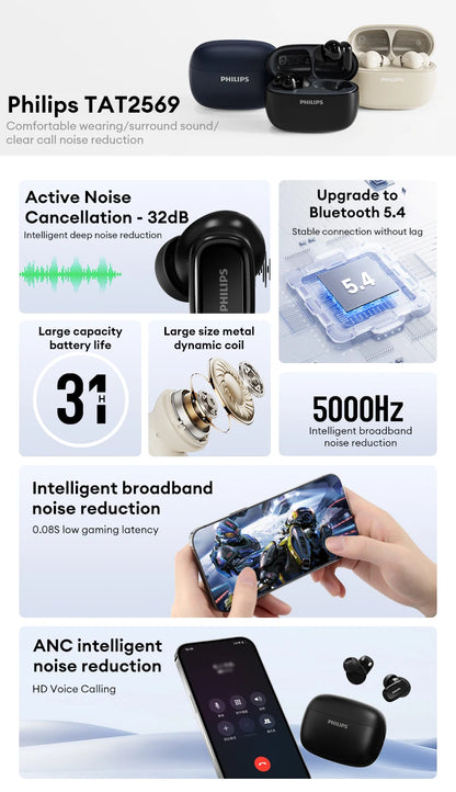 Original Philips TAT2569 Wireless Bluetooth V5.4 Noise Reduction  IPX4 Waterproof Sport Earbuds t New Low Latency Gaming Headse