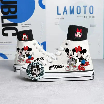 2024 Spring/Summer New Disney Mickey Printed Canvas Shoes for Boys Girls Hand Painted Sneakers Korean High Top Shoes for Women